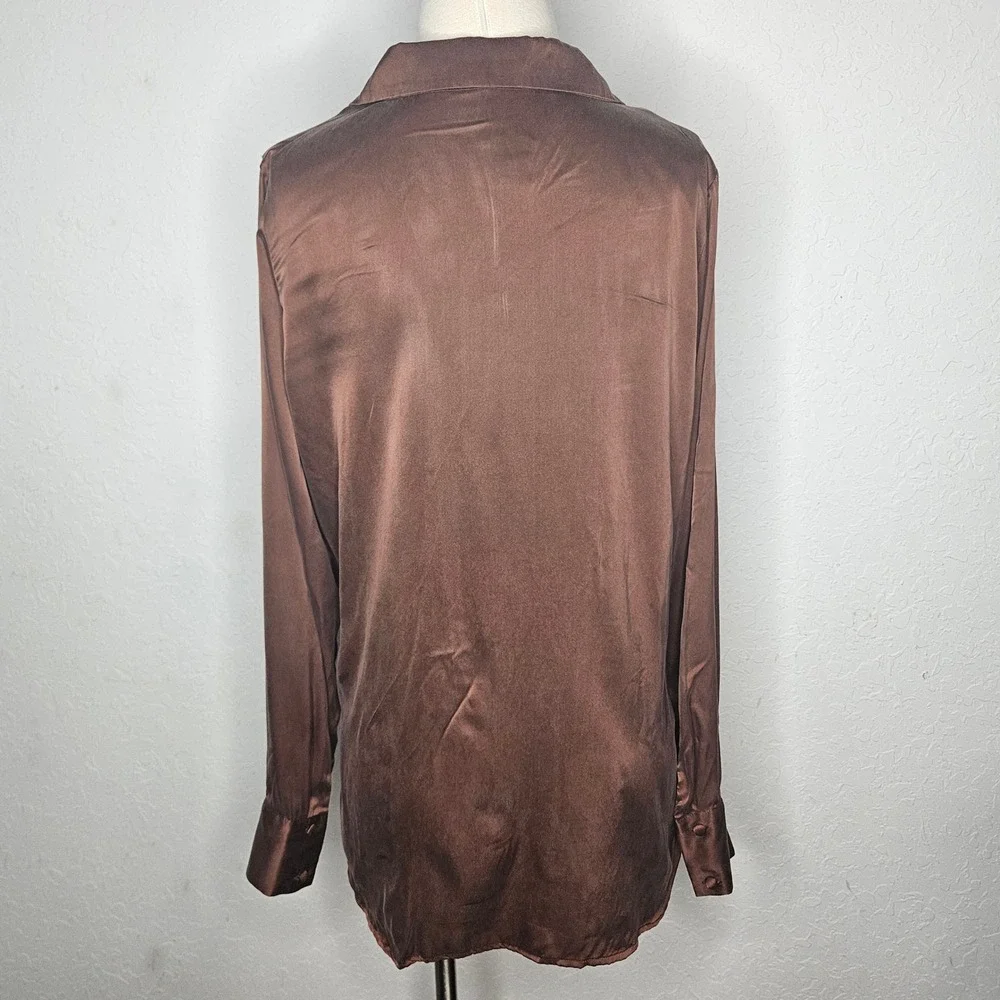 Joie Silk Button Front Blouse Copper Brown Long Sleeve Notched Collar Washable M - Picture 7 of 9